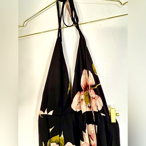 Boho Floral Halter Maxi Dress Small Black Pink Tie Back Lightweight Vacation - Picture 7 of 12